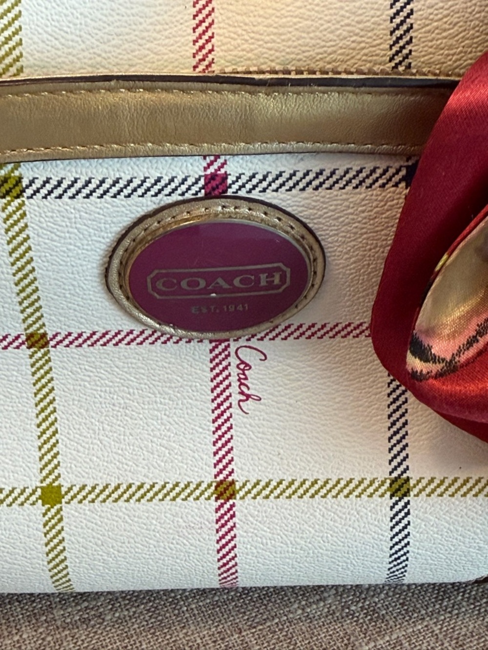 Coach White Plaid Satchel with Gold Straps and Red Charm - Picture 6 of 9